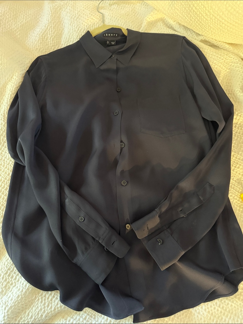 Theory Women’s Navy Silk-Blend Long Sleeve Button-Up Blouse